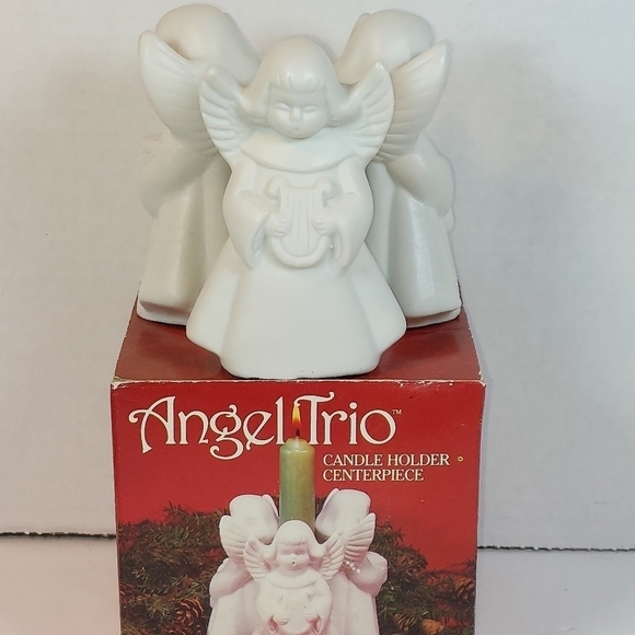 Vintage Porcelain Bisque Candle Holder White Angel Trio Christmas Centerpiece 4" - Picture 1 of 9